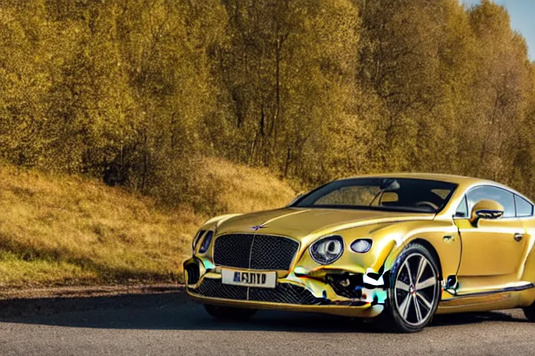 Prompt: Bentley Continental GT in shiny gold film drives along old Russian village road with houses around the edges