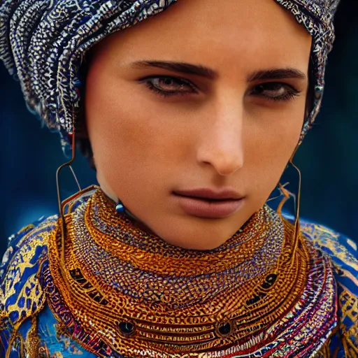 Image similar to portrait of a stunningly beautiful middle eastern tribal female, depth of field, zeiss lens, detailed, symmetrical, centered, fashion photoshoot, by Annie Leibovitz and Steve McCurry, David Lazar, Jimmy Nelsson, Breathtaking, 8k resolution, extremely detailed, beautiful, establishing shot, artistic, hyperrealistic, beautiful face, octane render