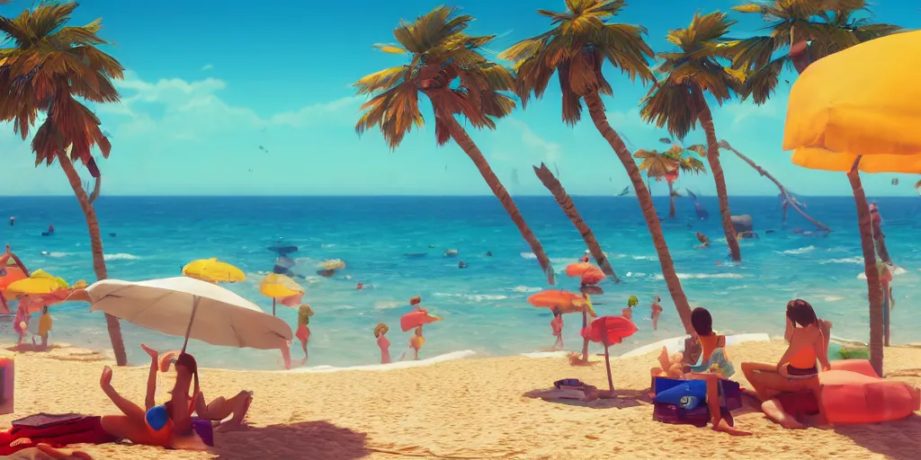 Image similar to a film still of a sunny and colourful beach scene in santa monica, los angelos, top shot, wes anderson, studio ghibli, pixar and disney animation, sharp, rendered in unreal engine 5, anime key art by greg rutkowski, bloom, dramatic lighting