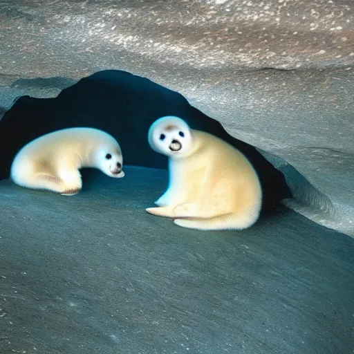 Prompt: a cave painting of three baby harp seals playing, National Geographic photo