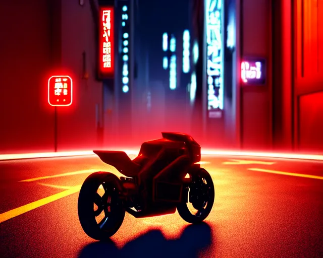 Prompt: concept art of akira's motorbike moving towards the camera on wet cyberpunk city streets at night cyberart in the style of liam wong in the film akira rendered in octane, 3 d render, trending on cgsociety, blender 3 d