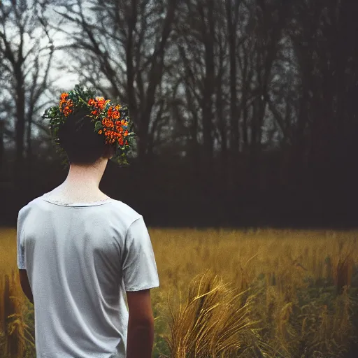 Prompt: kodak portra 1 6 0 photograph of a skinny guy standing in field of dead trees, flower crown, back view, moody lighting, moody vibe, telephoto, 9 0 s vibe, blurry background, tranquil, calm, faded!,