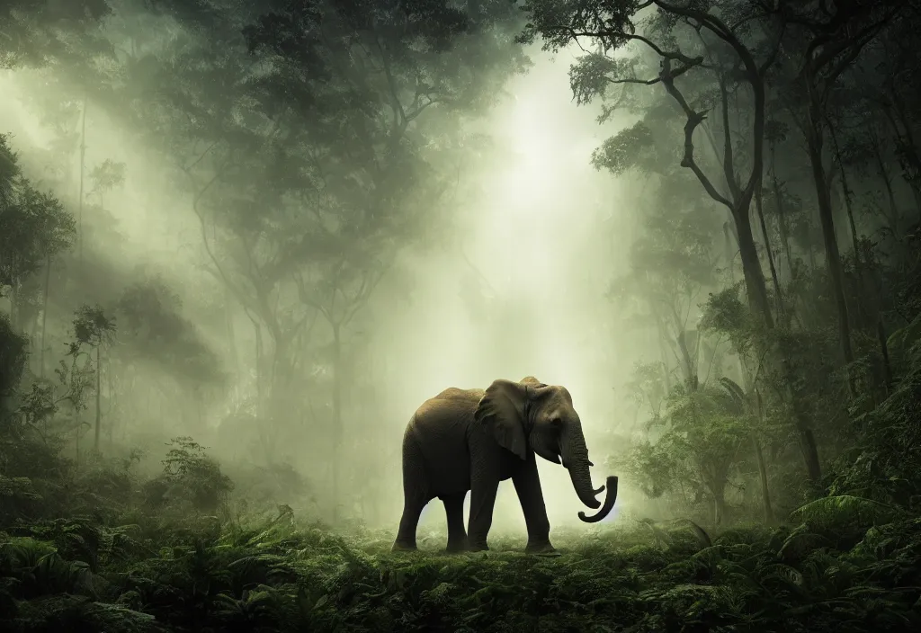 Prompt: an enormous alien elephant king, in a jungle with ominous light from above, ambient light, fog, river, very poetic