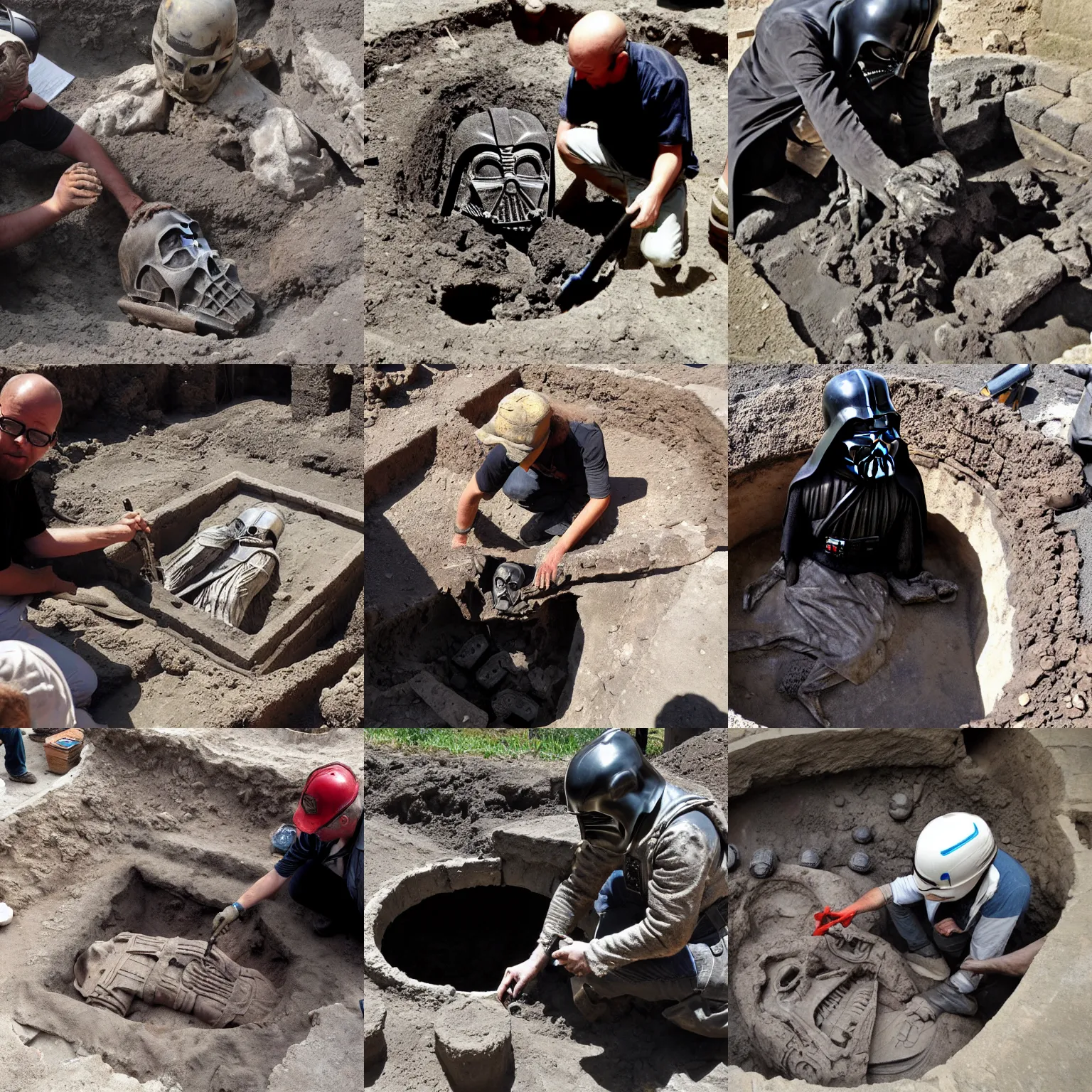 Prompt: Archaeologist uncovering a fossilized Darth Vader in a pit in Pompeii