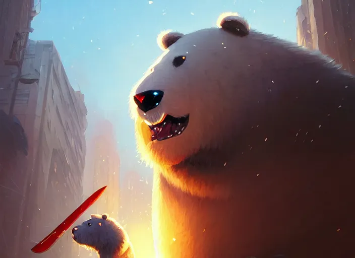 Image similar to highly detailed portrait of ice bear with axe, rampaging through san fransisco, art by greg rutkowski, loish, rhads, ferdinand knab, makoto shinkai and lois van baarle, ilya kuvshinov, rossdraws, tom bagshaw, global illumination, radiant light, detailed and intricate environment