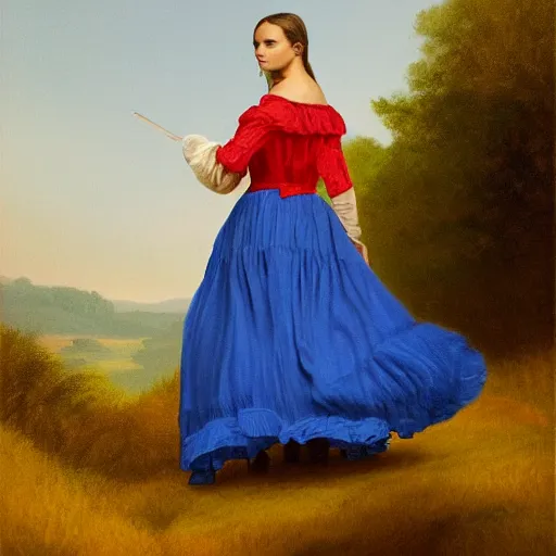 Image similar to portrait of Alicia Vikander wearing blue shirt and red 1850 dress, in the style of the Hudson River School