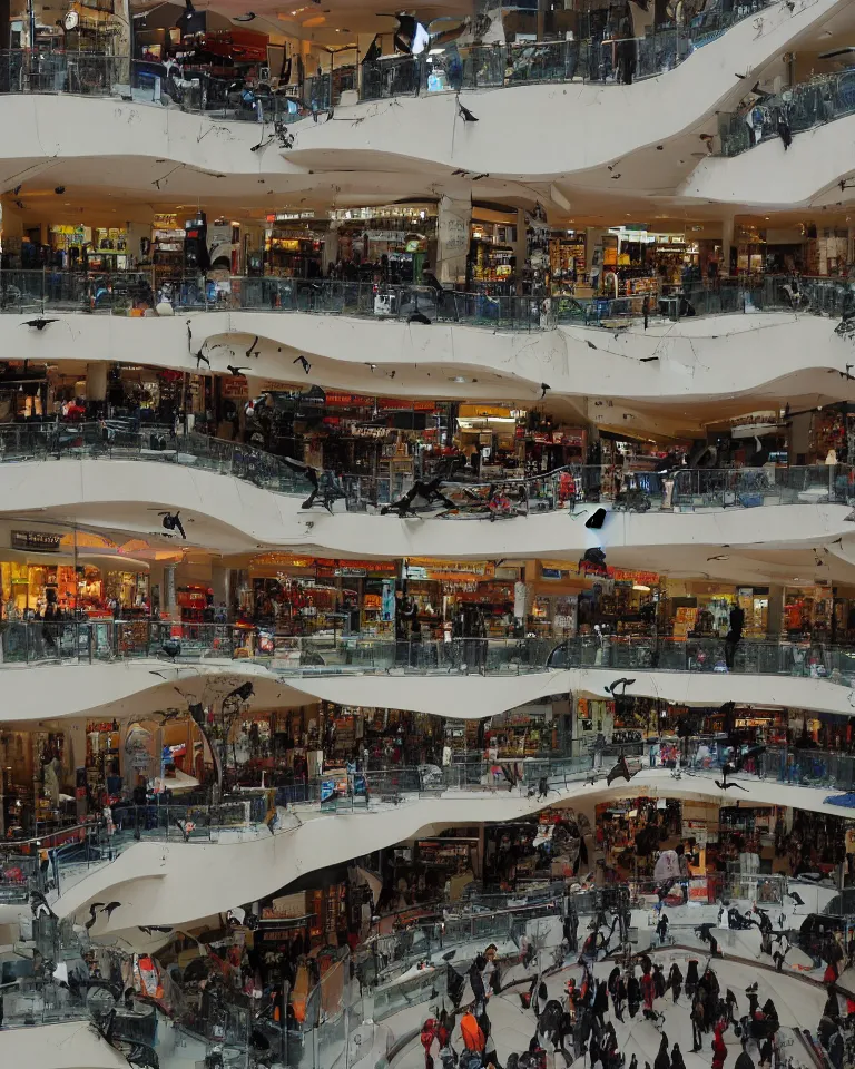 Prompt: the inside of a many-layered shopping mall, bustling with crows, eight floors