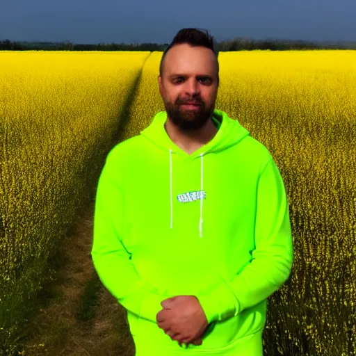 Image similar to a man standing in a yellow field wearing a neon green hoodie