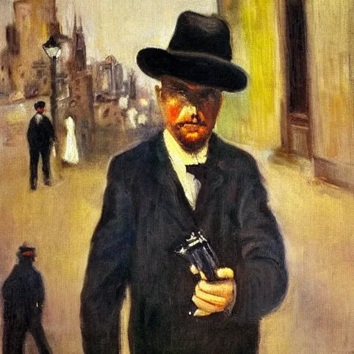 Image similar to the man in black and a revolver in hand walking around a city, impressionist painting