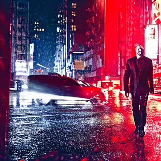 Image similar to mads mikkelsen in the pouring with red light shining on him, rain, film still, futuristic new york city, night time,