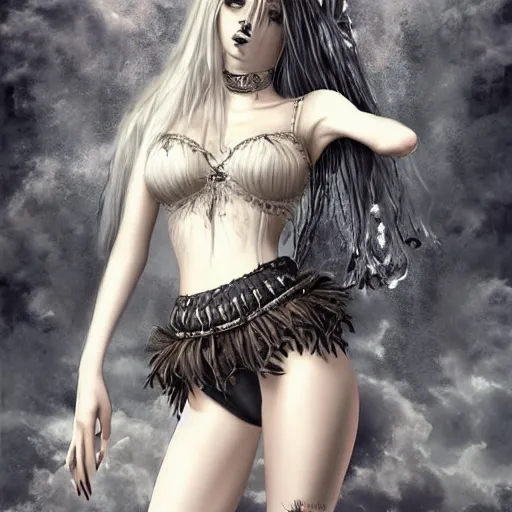 Image similar to kerli koiv model goth girl in mini skirt and crop top intricate, extremely detailed, photograph, photorealistic, 8 k sensual lighting, incredible art, artgerm, luis royo