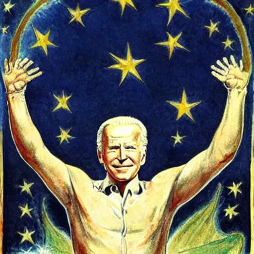 Image similar to joe biden as demiurge creating 1 9 5 0 s world, painting by william blake and jon mcnauhgton