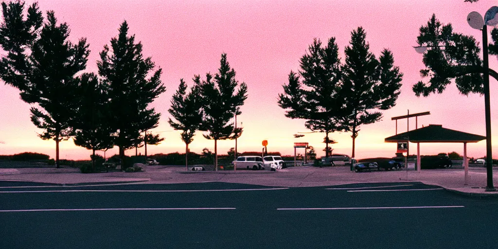 Image similar to a lonely port byron travel plaza in the middle of nowhere, sunset, eerie vibe, leica, 2 4 mm lens, cinematic screenshot from the 2 0 0 1 film directed by charlie kaufman, kodak color film stock, f / 2 2, 2 4 mm wide angle anamorphic