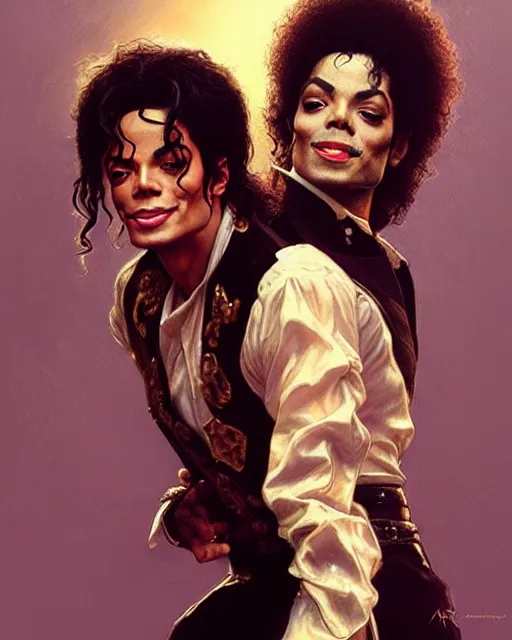 Image similar to Portrait of Michael Jackson & Prince dancing, real life skin, intricate, elegant, highly detailed, artstation, concept art, smooth, sharp focus, art by artgerm and greg rutkowski and alphonse mucha