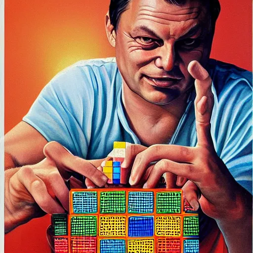 Image similar to portrait of viktor orban in shorts playing with a rubik's cube, confused face, highly detailed illustration by boris vallejo, airbrush painting