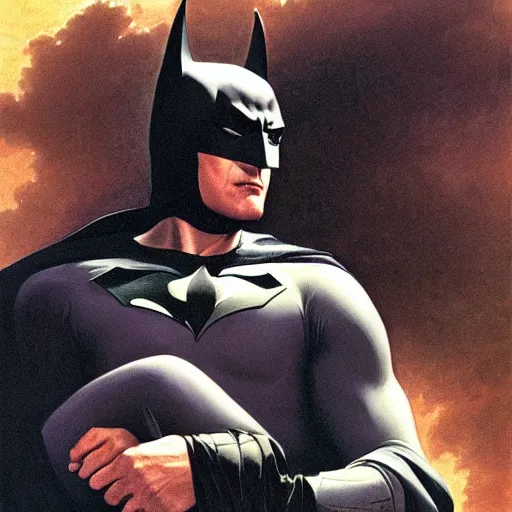 Image similar to Painting of Michael Keaton as Batman. Art by william adolphe bouguereau. During golden hour. Extremely detailed. Beautiful. 4K. Award winning.