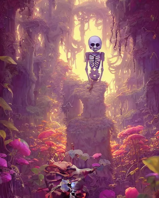 Image similar to highly detailed surreal vfx portrait of a happy skeletons in a fairytale world, stephen bliss, unreal engine, greg rutkowski, loish, rhads, beeple, makoto shinkai and lois van baarle, ilya kuvshinov, rossdraws, tom bagshaw, alphonse mucha, global illumination, detailed and intricate environment