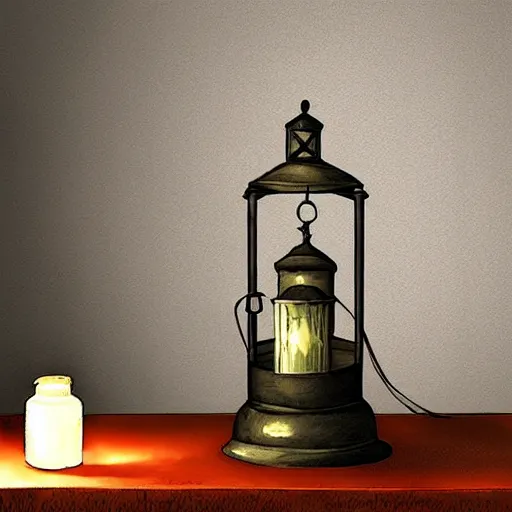 Image similar to oil lantern in musky office, dusty, cobwebs, ink stains, volumetric light, dark, art station, realistic painting