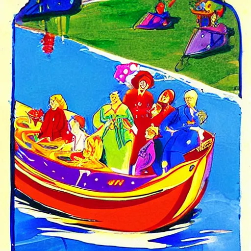 Image similar to neat illuminated manuscript by peter max. the mixed mediart of a group of well - dressed women & children enjoying a leisurely boat ride on a calm day. the women are chatting & laughing while the children play with a toy boat in the foreground.