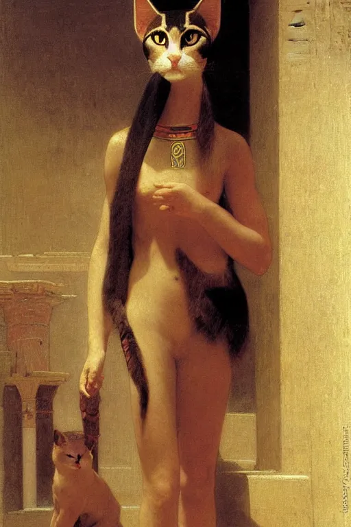 Image similar to bastet, in an egyptian temple, painting by william adolphe bouguereau