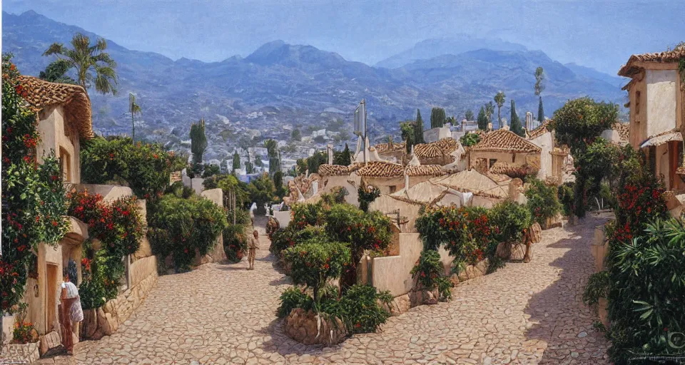 Image similar to Ted Nasmith painting of a Marbella city street landscape