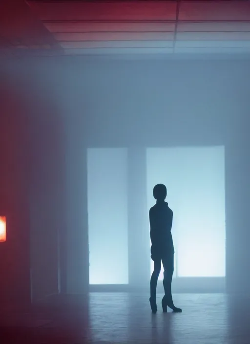 Image similar to a bright silhouette hovers above the ground inside of a hall. liminal, cozy, bladerunner 2 0 4 9 set design by alessandra querzola ( 1 9 8 8 )