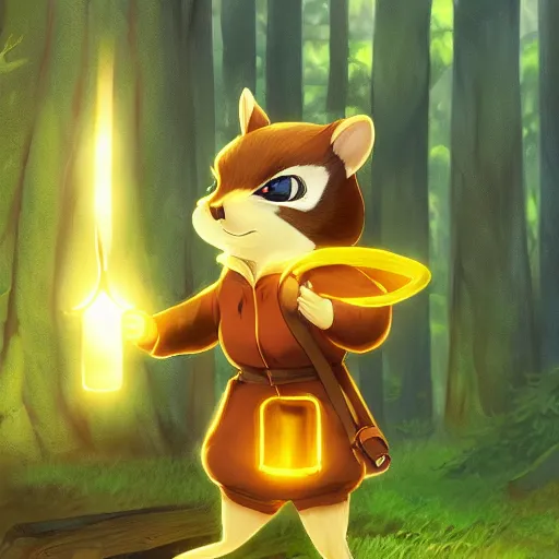 Image similar to concept art painting of an anthropomorphic anime chipmunk wearing a yellow cloak, holding a lantern, in the deep forest, realistic, detailed, cel shaded, in the style of makoto shinkai and greg rutkowski and james gurney