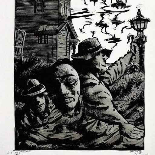 Image similar to ghosts, spirits on bayou, heavy ink, moon in sky, green, mike mignola