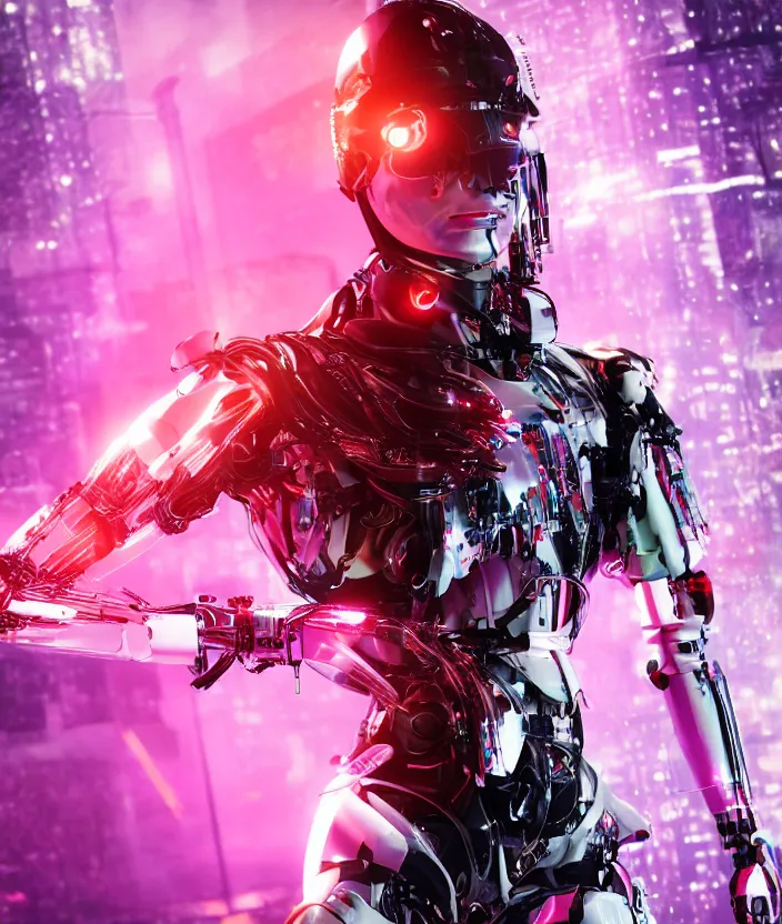 Image similar to full body portrait photo of japanese model cyborg with digital led skin, neon lighting, techno neon projector background, portrait photo, intricate details, ultra realistic, unreal engine 5, depth of field, bokeh, octane render, 8 k hd