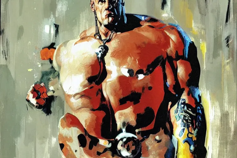 Image similar to martyn ford as juggernaut stands out at a party, painted by phil hale and rick berry and dean cornwell and norman rockwell and jeremy mann