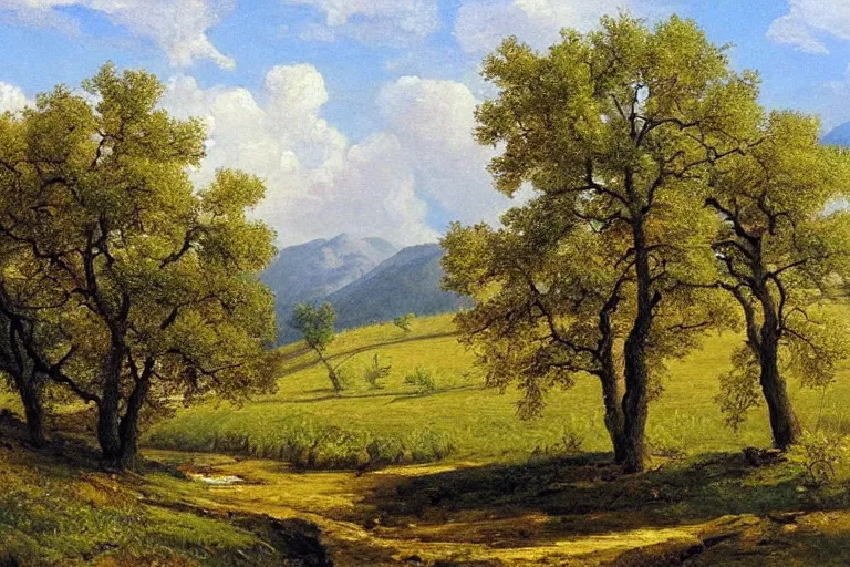 Image similar to masterpiece painting of oak trees on a hillside overlooking a creek, by arkady rylov