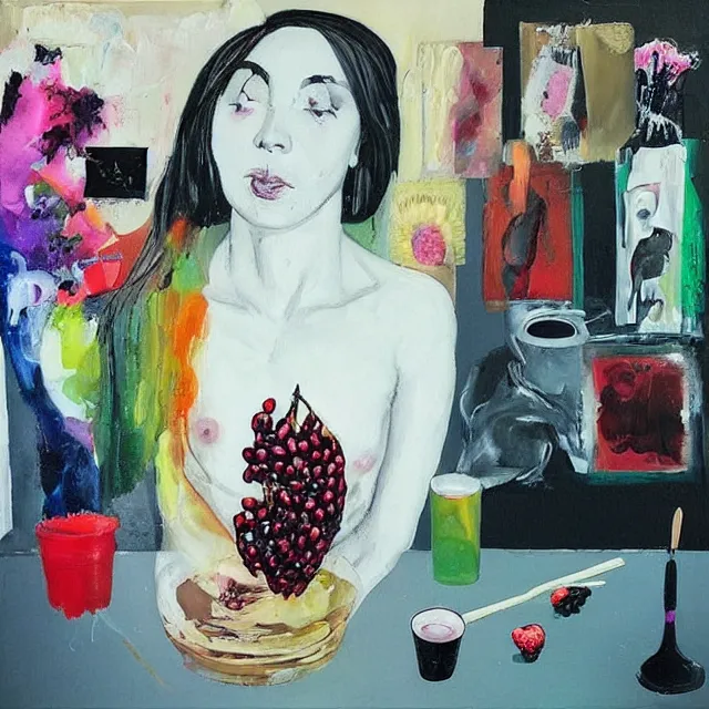 Prompt: “ a portrait in a queer female art student ’ s apartment, sensual, a big diamond, skyscraper, a pomegranate, art supplies, paint tubes, palette knife, pigs, ikebana, herbs, a candle dripping white wax, squashed berries, berry juice drips, acrylic and spray paint and oilstick on canvas, surrealism, neoexpressionism ”