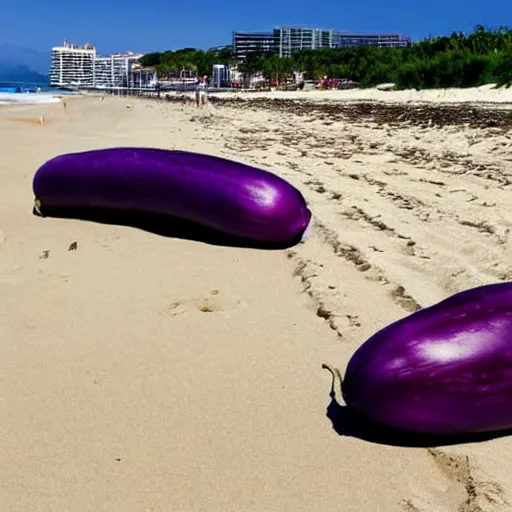 Prompt: huge eggplant sunbathing on the beach among people, photo,