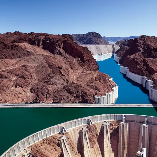 Prompt: looking down at the Hoover Dam and Lake Mead and the Colorado River, the Dam is covered with scaffolding and informal settlements hanging along the sides, windows illuminated, in style of Norman Foster, cinematic lighting, light rays, ultra realistic, photorealistic, volumetric lighting, photography