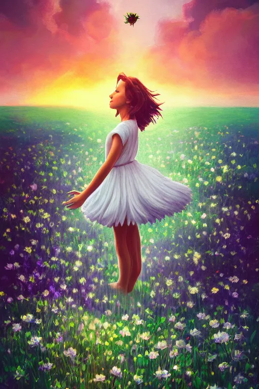 Image similar to veil giant white daisy flower as face, girl dancing in a flower field, surreal photography, sunrise, dramatic light, impressionist painting, colorful clouds, digital painting, artstation, simon stalenhag