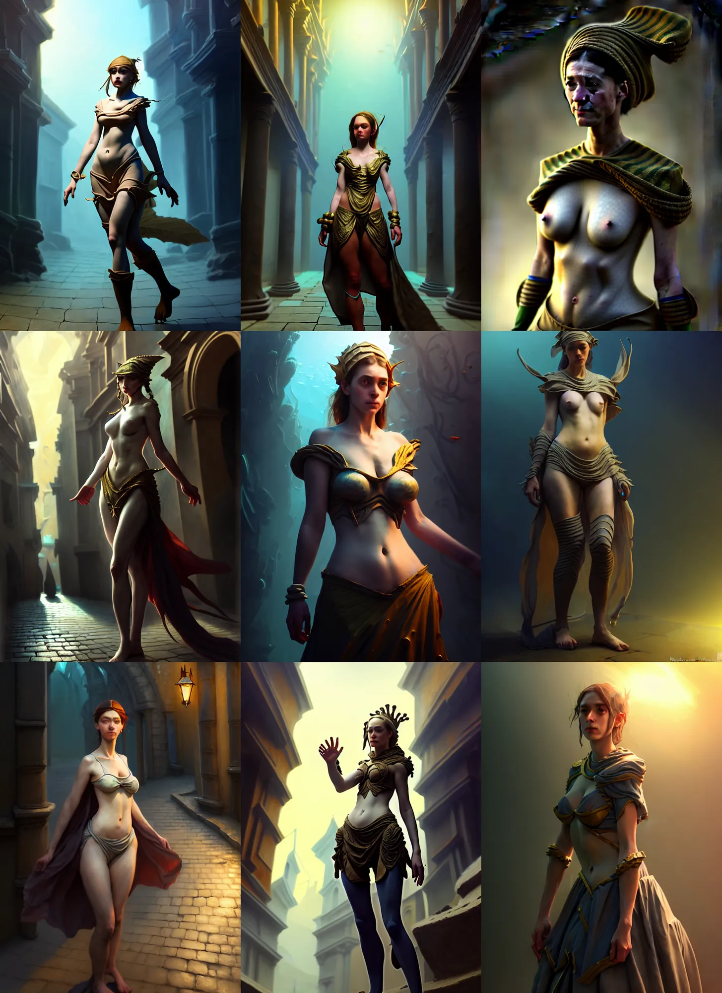 Prompt: costume design from underwater creature designers, sophisticated composition, old masters light composition, procedurally generated, epic drama girl character posing for concept art, ancient city streets behind her, substance designer, PBR, HD, Ultra detailed, hyperrealistic, megascans, volumetric light, concept by master artist, made in paint tool SAI2, trending pixiv face