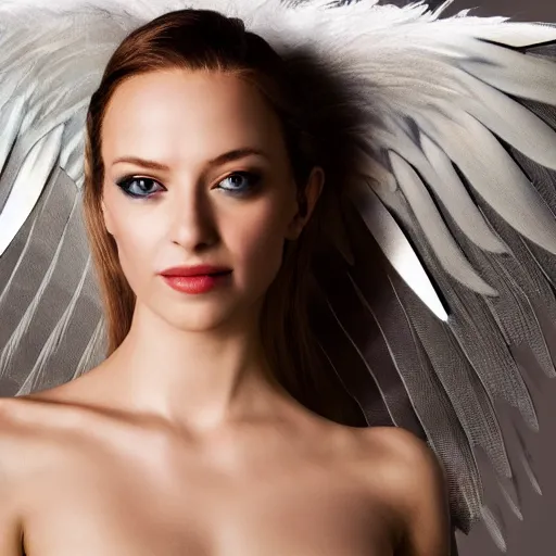 Image similar to UHD candid photo of a robotic Angel, UHD, photorealistic, real wings, correct robot face, photo by Annie Leibowitz