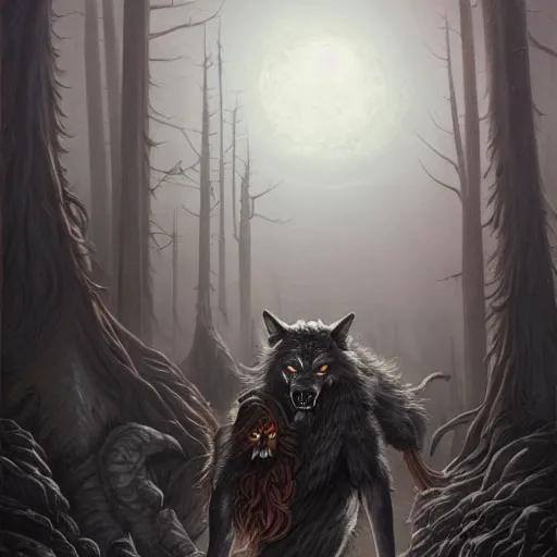 Image similar to Werewolf, Fantasy Illustration in the style of Mohrbacher, 4k masterpiece, Moody lighting with fog