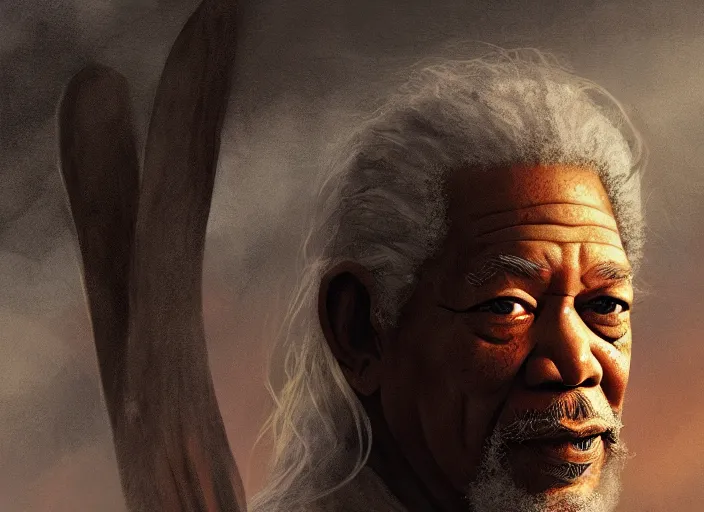 Prompt: morgan freeman starring as gandalf in lord of the rings, cartoonish cute, pine trees, magical atmosphere, trending on artstation, 3 0 mm, by noah bradley trending on artstation, deviantart, high detail, stylized portrait