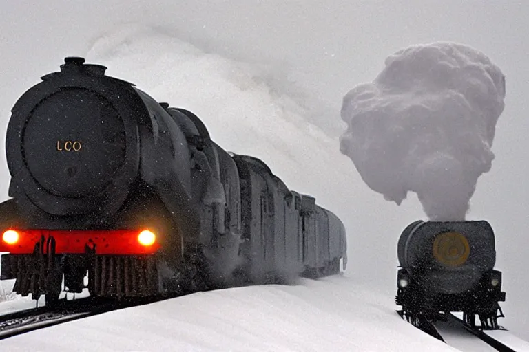Prompt: an old locomotive rushing through snow storm in high speed, white steam on the side, dark smoke with fire! from the pipes, dynamic angled shot, speed lines, fire particles and snowflakes everywhere, 8 k, by edward hopper, 1 6 k, eerie moon eclipse cinematic scenery