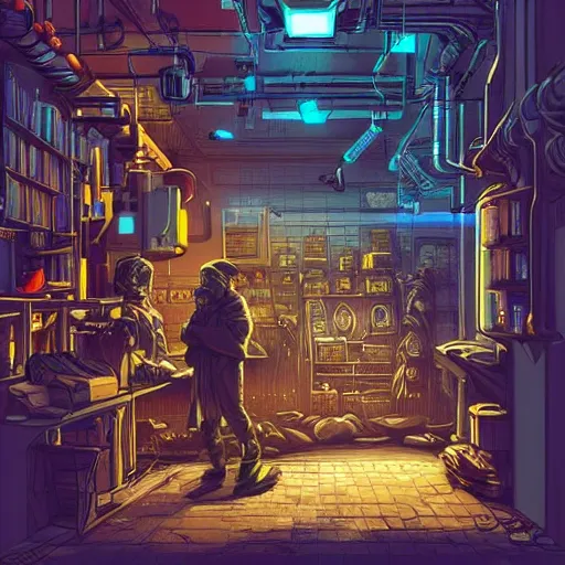 Image similar to cyberpunk merchant in their shop, Industrial Scifi, detailed illustration, Chiaroscuro, character art, by Martin Grip and Moebius