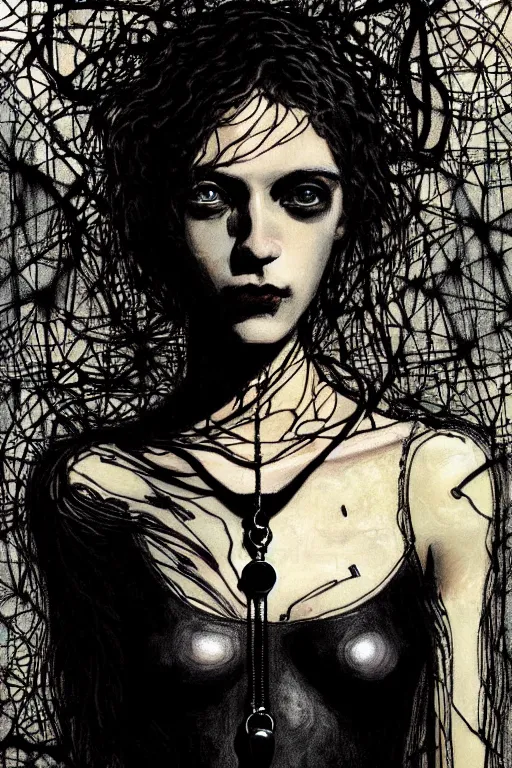 Prompt: dreamy gothic girl, black leather slim clothes, dark necklace, beautiful woman body, detailed acrylic, grunge, intricate complexity, by dan mumford and by alberto giacometti, peter lindbergh