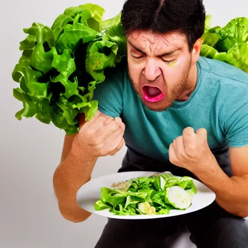 Image similar to man angrily eating salad, studio photography