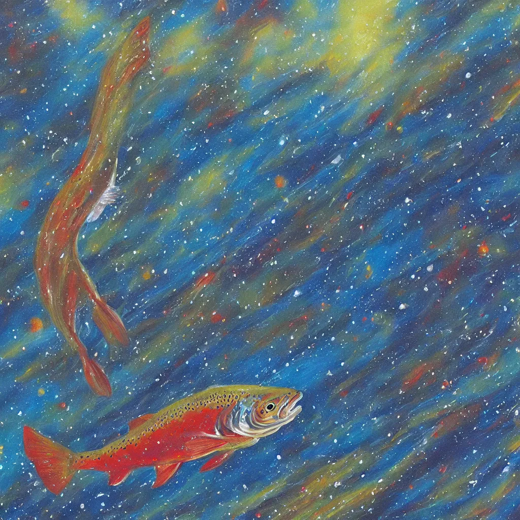 Image similar to a painting of a trout swimming in outer space