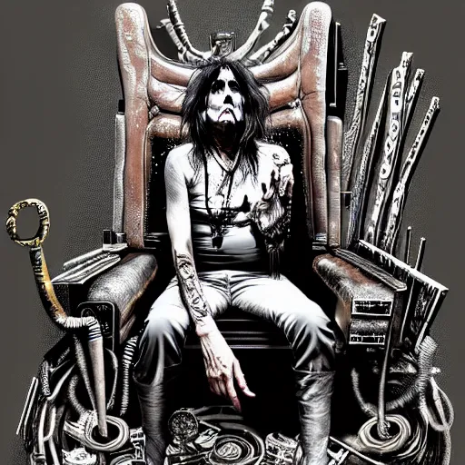 Prompt: graphic illustration, creative design, alice cooper sitting on a throne, biopunk, francis bacon, highly detailed, hunter s thompson, concept art