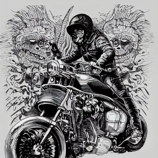 Image similar to hells angel biker riding through a burning street, intricate ink drawing, highly detailed in the style of jamie hewlett