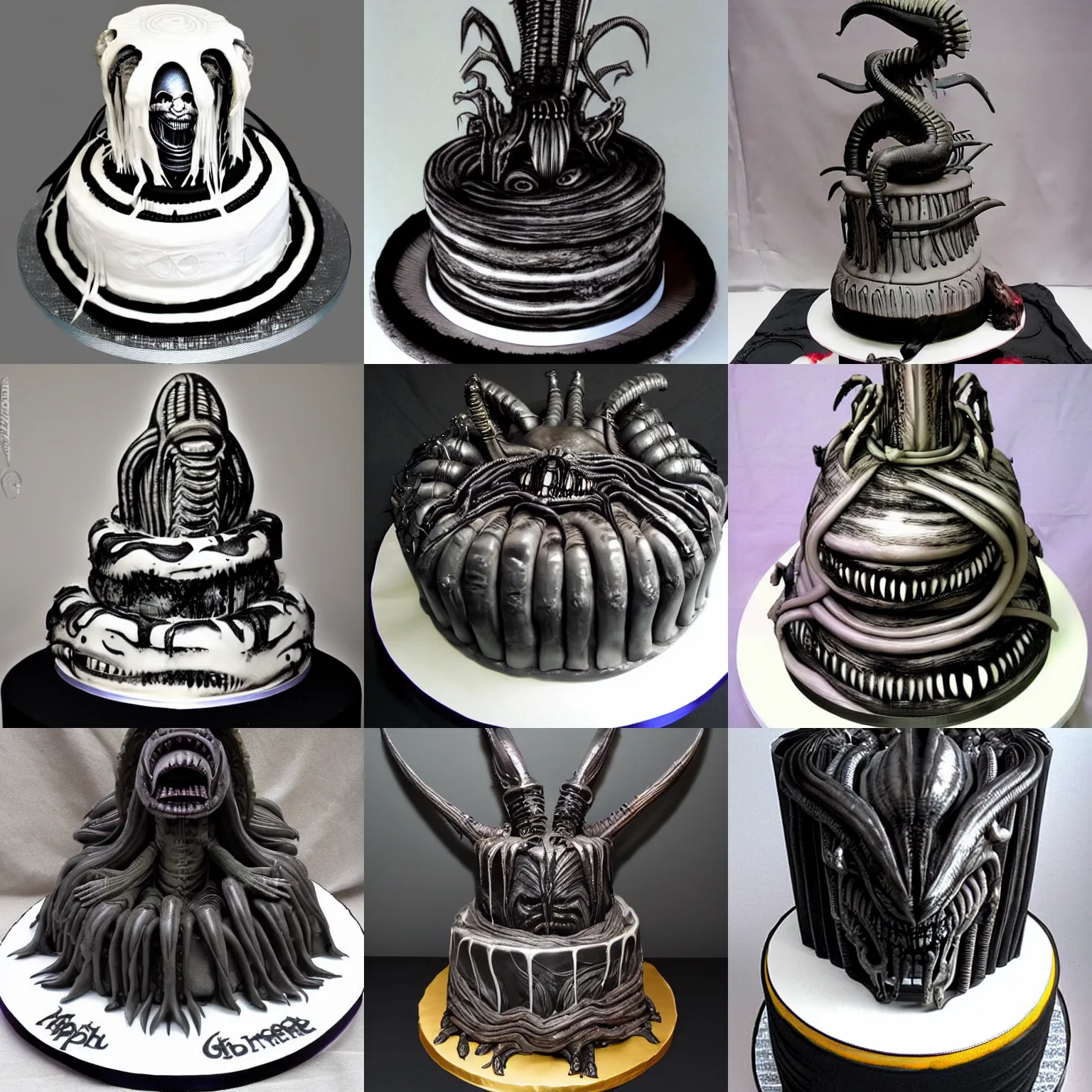 Prompt: hr giger design for a xenomorph wedding cake