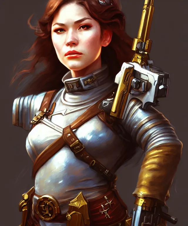 Prompt: fantasy portrait of a female gunner character, holding a pistol gun in a medieval world by yu cheng hong, thomas kinkade and miranda meeks, highly detailed, perfect features, sharp face focus, illustration, concept art, artstation