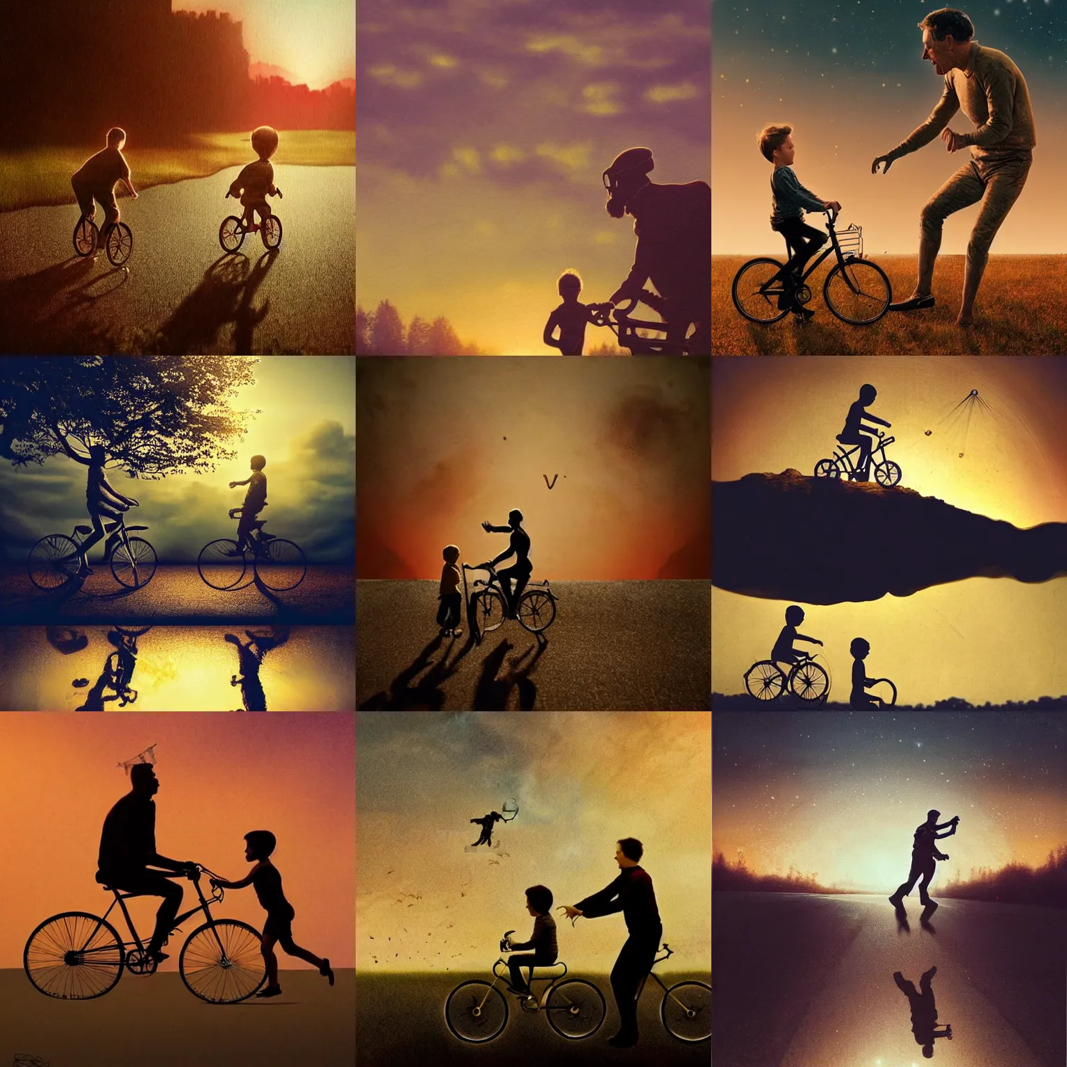 Prompt: a beautiful ultradetailed fine art vintage photo of a running cyborg father letting go of his cyborg kid riding a bicycle, by tom bagshaw and zach sutton, vignette, telephoto lens, golden ratio composition, sunset golden hour hues, silhouette against sunset sky, very detailed, humanoids, industrial robots, artstation, 8 k, highly coherent