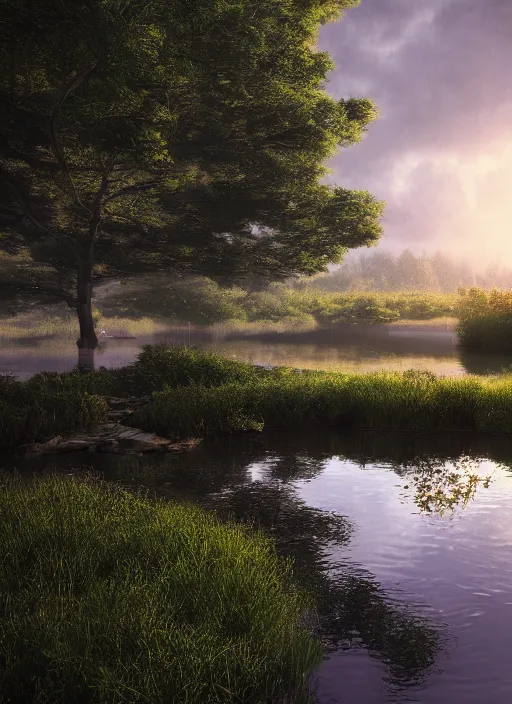 Image similar to photography of an ethereal pond with a central glare, mystical masterpiece, epic, cinematic, hyperealistic, high detailed, corona render, hdr, ray tracing